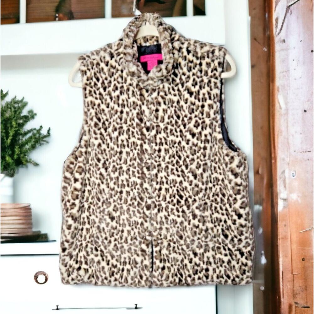 Betsey Johnson Leopard Print Faux Fur Vest Large Hook Closure Pockets EUC